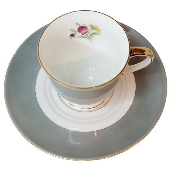 Vintage Demitasse Cup & Saucer Baronet Eschenbach Germany Gray Gold Fowers - Picture 2 of 4